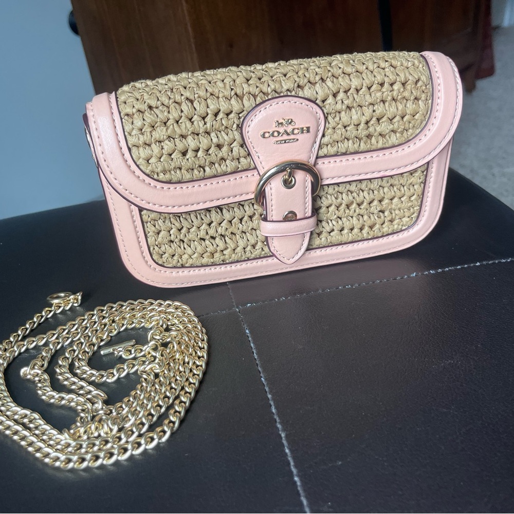 Coach Woven Tan and Pink Buckle Clutch - Picture 9 of 11